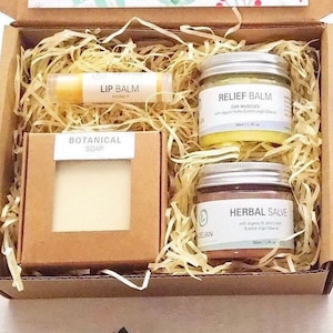 Natural Self Care Gift Box: Herbal Balms, Honey Lip Balm & Oats Soap
