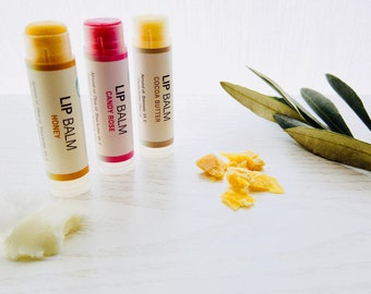 Set de bálsamo labial orgánico: manteca de cacao, miel y rosa - Regalo de cuidado natural de la piel