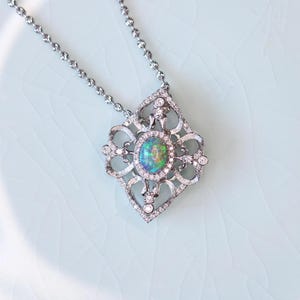 Australian Black Opal & Diamond Necklace| 18K White Gold Opal Pendant October Birthstone Gift Gemstone Jewelry Opal Jewelry Fine Jewelry