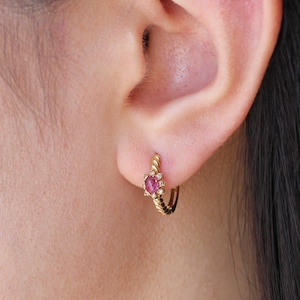 14k 18k Ruby & Diamond Hoops | Solid Gold Hoop Natural Ruby Gemstone Earring Gift For Her Women Birthstone Jewelry Vintage Everyday Earrings