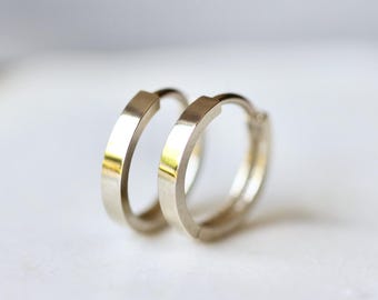 14k/18k Solid White Gold Small Hoop Earrings  - Classic Flat Hoops
