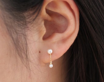 14k Solid Gold Earrings - Pearl Drop Studs | Freshwater Pearl Dangle Earrings Chain Dangle Drop Earring Real Gold Tiny Pearl Studs Everyday