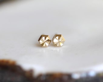 14k Solid Gold - Tiny Faceted Hexagon Stud Earrings