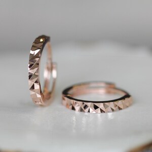 14k Solid Rose Gold Earrings -  Faceted Huggie Hoops | Diamond Cut Hoop Huggies Simple Earrings Gift For Her Edgy Jewelry