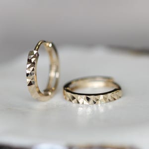 14k Solid Gold Earrings - Faceted Huggie Hoops | Edgy Hoop Huggies Simple Earrings Gift For Her