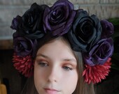 Black Purple Rose w Red Dahlia Crown - Day of the Dead Catrina Coachella Music Festival Mexican Flower Crown Sugar Skull Frida