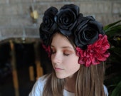Black Rose Red Chrysanthemum Crown - Day of the Dead Catrina Coachella Music Festival Mexican Flower Crown Sugar Skull Frida
