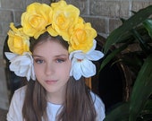 Yellow Rose White Magnolia Flower Crown - Day of the Dead Catrina Coachella Music Festival Mexican Flower Crown Sugar Skull Frida