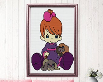 Precious  Puppies and Girl 229 by 320 SC Graphghan Pattern