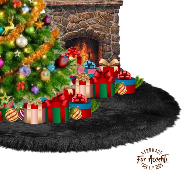 All I Want Fur Christmas - Soft Faux Fur Tree Skirt - Thick Round Shag - Black, White, Brown, Rust, - Ornament - Decoration - Carpet - Rug