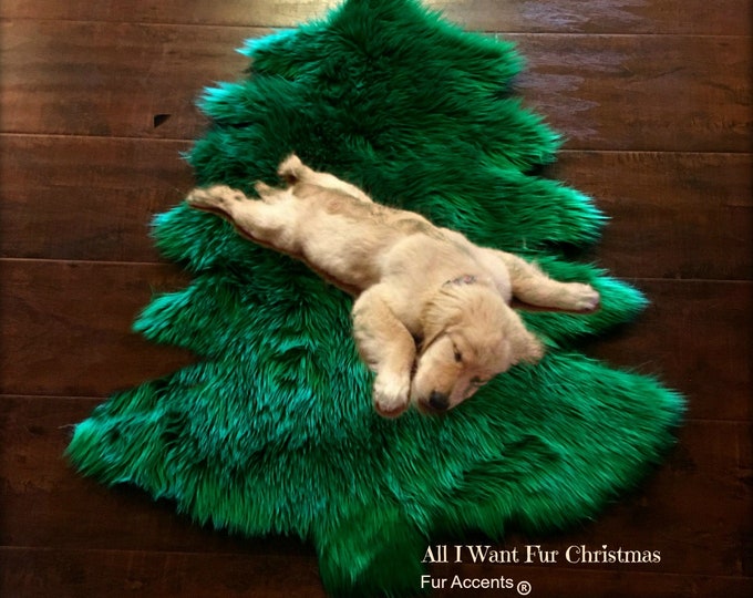 All I Want Fur Christmas - Soft Faux Fur Tree Skirt - Tree Shaped Area Accent Rug - Thick Shag - Pine Tree - Log Cabin Decor - Fur Accents