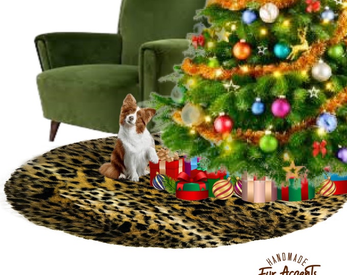 Soft Faux Fur Tree Skirt - Round - Leopard Pattern - Rug - Runner or Matching Garland or Throw Blanket or Pillow, All I Want Fur Christmas