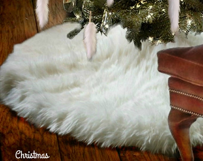 Round Christmas Tree Skirt, Shag,  Faux Fur, All I Want Fur Christmas, Soft Shaggy Tree Skirt, Thick Round, White, Red, Green or Black