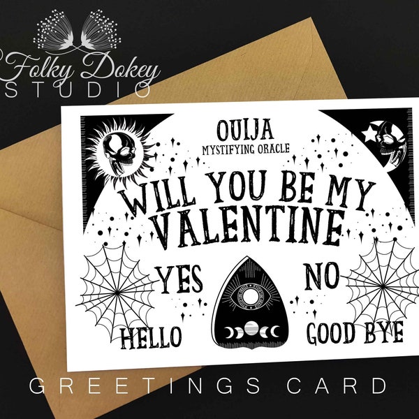 unusual valentines card, ouija board, superstitious art, alt valentines, black and white, spooky art, monochrome card, planchette print