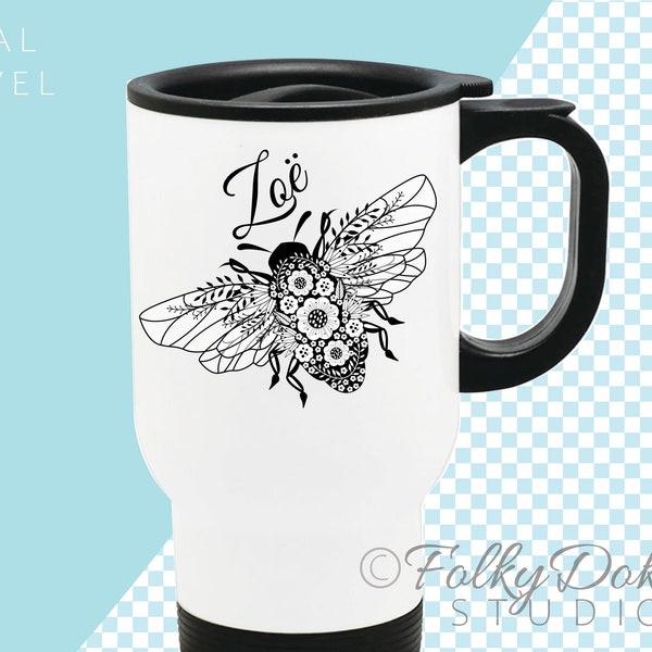 personalised cup, bee print travel mug, reusable coffee cup, bee gift, travel cup with name, mug with name, honey bumble bee, christmas gift