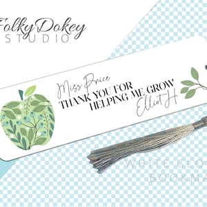 personalised teacher bookmark with apple design and names of teacher and student for special teacher
