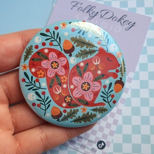 Cute red squirrel folk art pin badge for school bag or denim jacket