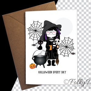 Halloween Geburtstagskarte, Halloween jeden Tag, lustige Halloween Karte, Hexen Druck, kleine Hexenkarte, kawaii Hexe, kawaii Kürbisse