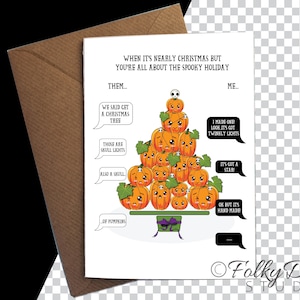 Arbre de Noël d’Halloween, Carte d’Halloween, Carte de Noël, Mashup de saison, Arbre de citrouille, Noël effrayant, Carte d’Halloween amusante