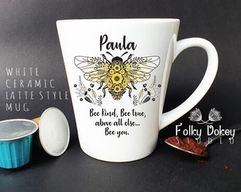 bee print personalised mug, Bee kind, positive words, be kind to yourself, bee gift, personalised cup, latte cup, honey bee, bumble bee