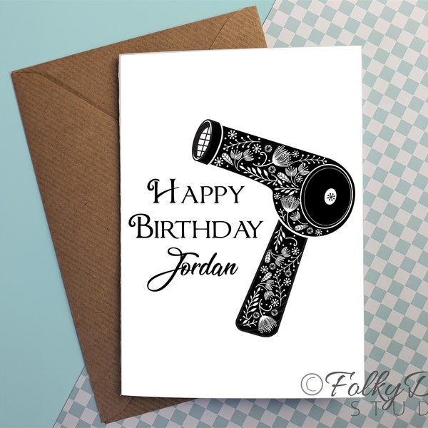 hairdresser card, happy birthday, hair stylist card, hairdresser birthday, folk art, black and white, pretty floral, hair stylist birthday