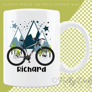 PERSONALISED mountain bike gifts colourful mug for biker friend birthday for him or her