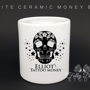 tattoo geld, gepersonaliseerde gift, spaarpot, spaarpot, tattoo fonds, schedel print, zwart-wit, suiker schedel, snoep schedel