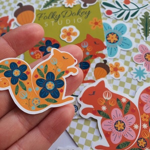 Cute wildlife folk art red squirrel sticker pack decals, floral and fauna squirrel decals