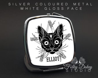 cat print, pocket mirror, compact mirror, witches cat, black cat gift, handbag mirror, personalised gift, stocking filler