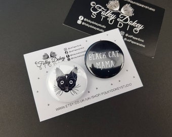 Black cat mama, Button badge set, cat mom, witches cat, cat print, badge gift, set of badges, gift for friend, small gift, stocking filler