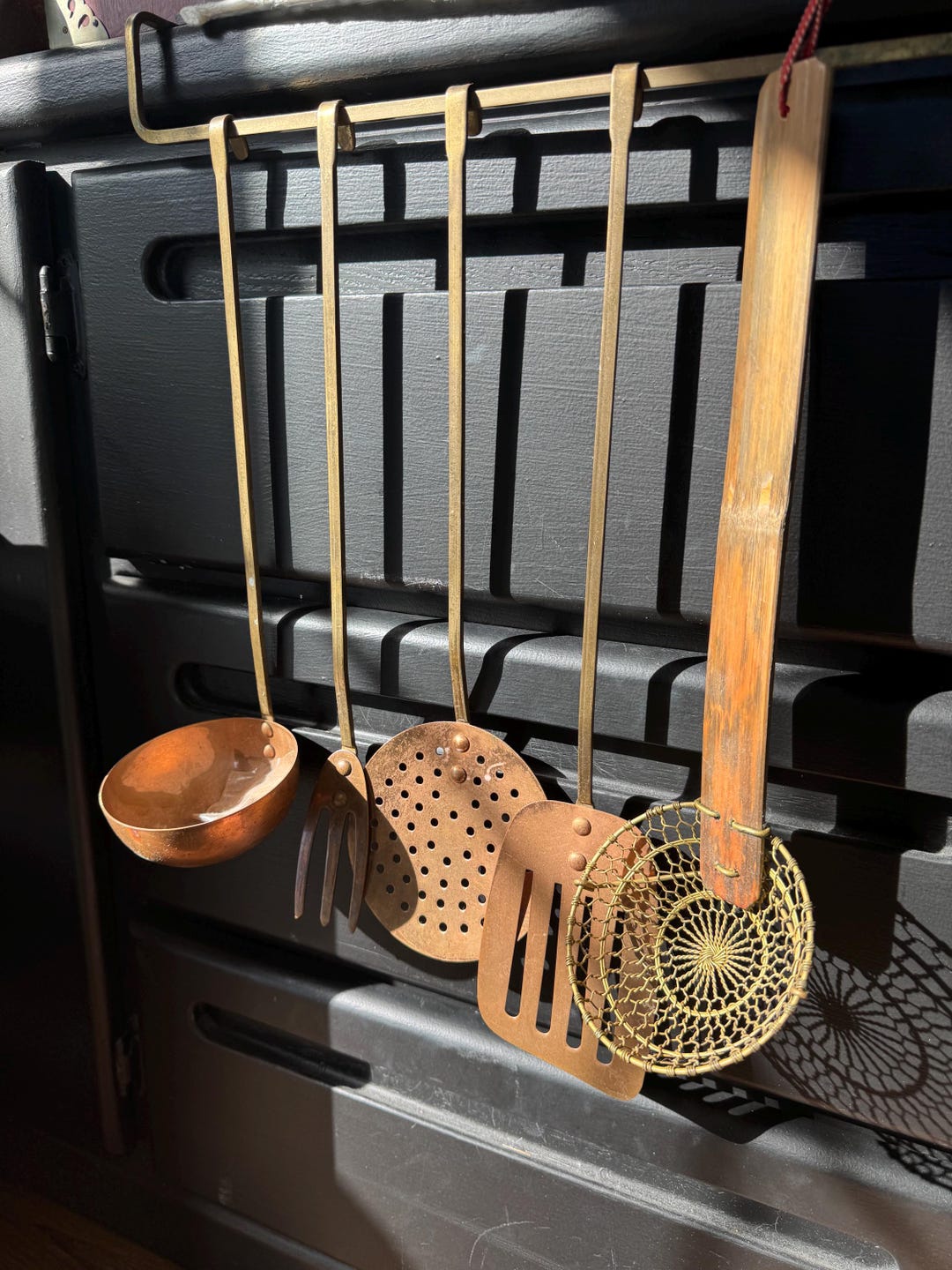 Antique Utensil Rack Vintage Antique Copper Utensils Set With Rack Revival Mid Century ...