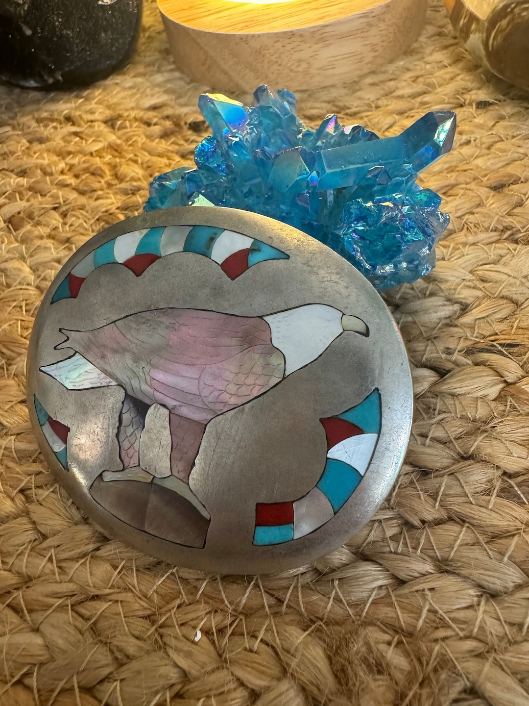 Vintage Hand Made Hawk Eagle Turquoise Coral Abalone Inlay Western Belt ...