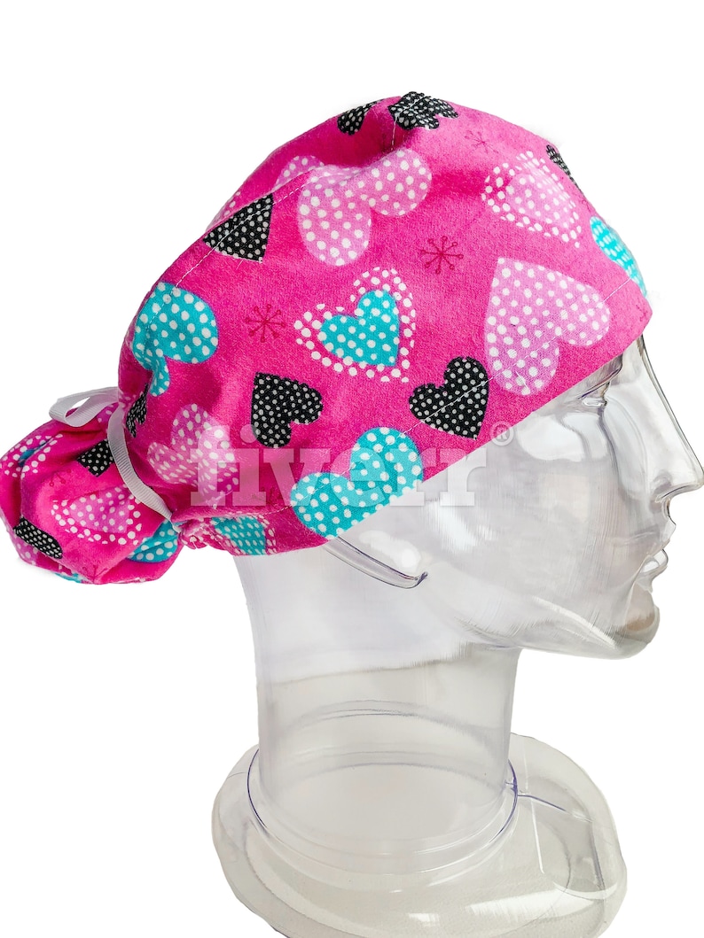 Turquoise Pink Black Hearts Ponytail Scrub Cap for Women