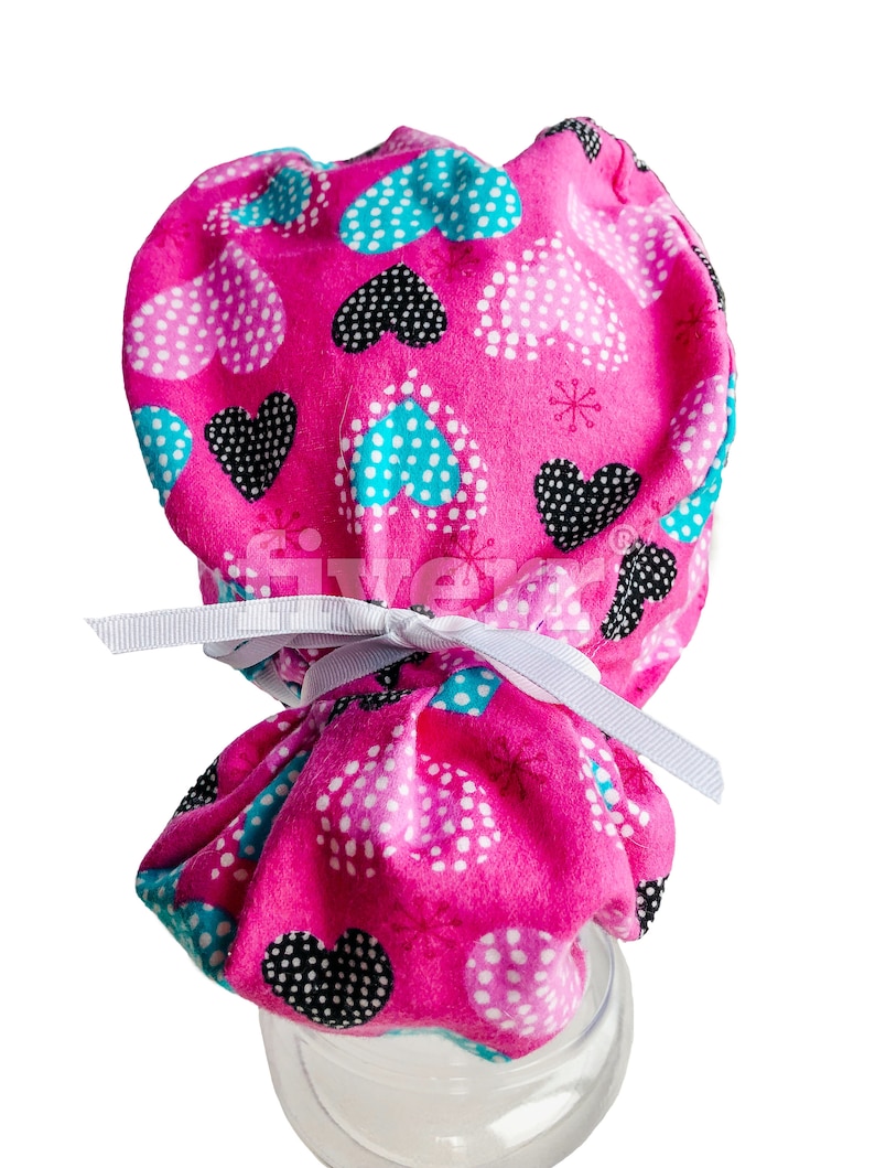 Turquoise Pink Black Hearts Ponytail Scrub Cap for Women