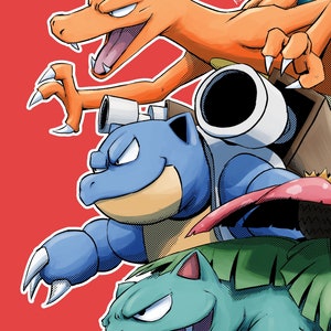 Op de afbeelding: Illustratie van drie populaire Pokémon-personages: Charizard, Blastoise en Venusaur. Charizard is oranje, Blastoise is blauw en Venusaur is groen. Het kunstwerk heeft een stripboekstijl met dikke contouren en een rode achtergrond.