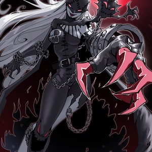 Può includere: Illustrazione di una figura oscura con lunghi capelli bianchi, che indossa un abito nero con catene e un'emblema a teschio. La figura ha una maschera cucita e occhi rossi, con una grande luna rossa sullo sfondo. L'opera ha un tema gotico o horror.