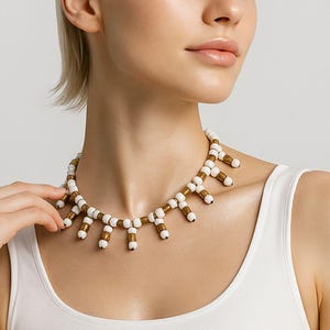 Mother of Pearl and Hematite Necklace, Handmade Gemstone Jewelry, Minimalist Boho Statement Necklace, White Bronze Jewelry, Unique Gift