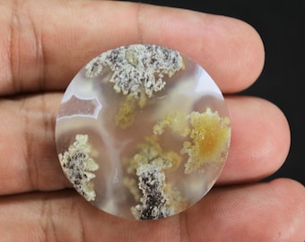 May include: A circular, translucent cabochon gemstone featuring a smooth, polished surface with internal moss-like inclusions in shades of yellow, cream, and dark brown, set against a pale, milky, semi-transparent background with organic patterns.