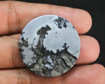 May include: A circular, polished gemstone cabochon featuring a smooth, light gray surface with intricate, dark, dendritic, tree-like inclusions and metallic, pyrite-like mineral deposits concentrated in the lower section of the stone.