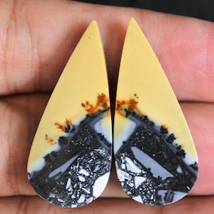 Op de afbeelding: Paar traanvormige cabochons met een geel, wit en zwart agaatpatroon. De cabochons zijn gepolijst en hebben een gladde, glanzende afwerking.