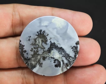 May include: A circular dendritic agate cabochon featuring a smooth, polished surface with a light grey, translucent base and intricate, dark brown to black fern-like inclusions that create a natural, branching pattern across the stone.