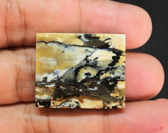 May include: A square-shaped polished gemstone cabochon featuring a complex pattern of creamy beige, mustard yellow, and deep black dendritic inclusions that create a marbled, landscape-like appearance across the flat, smooth surface of the stone.