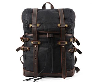 Nerlion Men's Leather & Waxed Canvas Backpack – Vintage Laptop Rucksack For Travel, Work, Daily Use