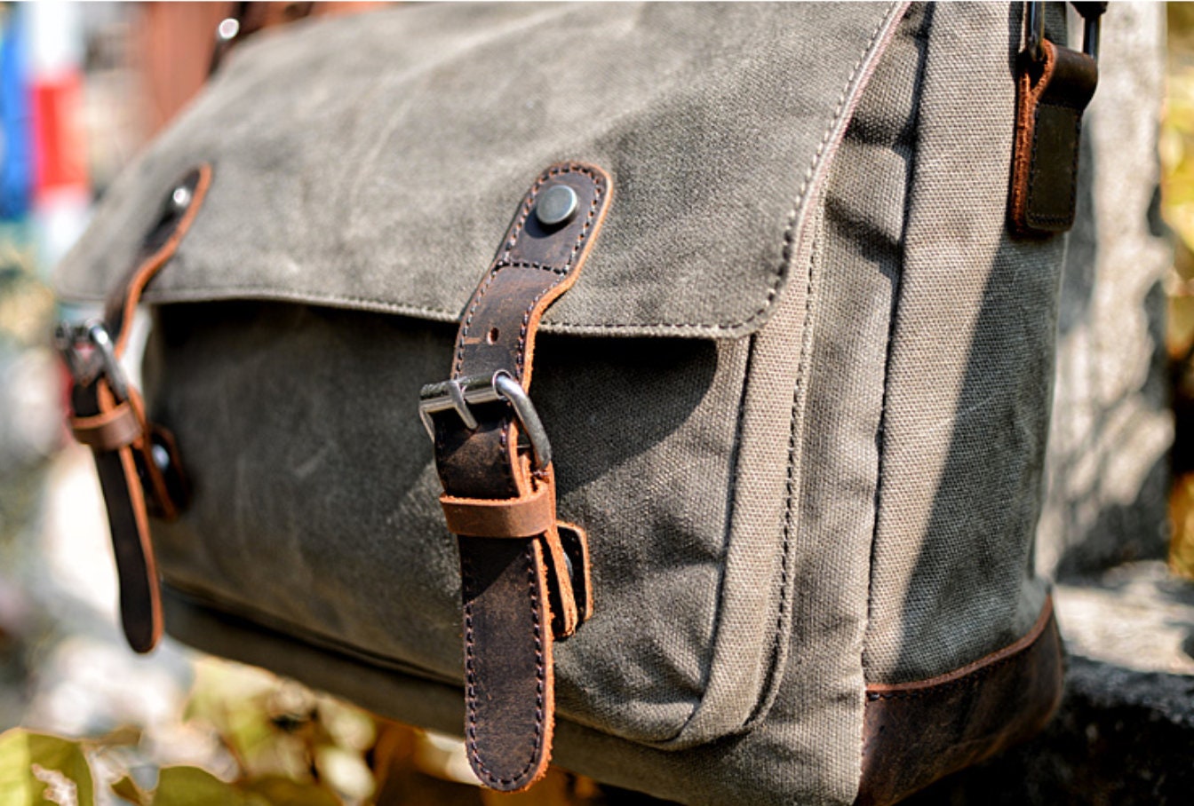 Waxed Canvas Leather Messenger Bag/cross Body Bag/mens Laptop Etsy