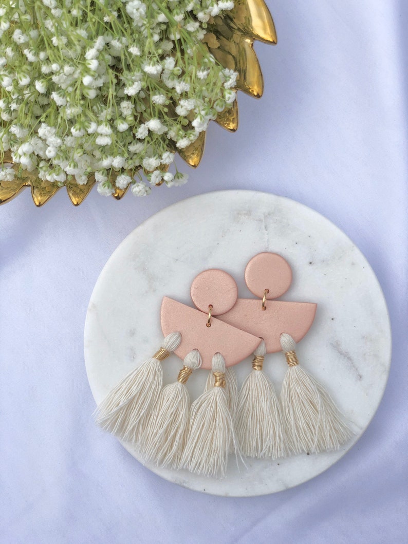 white tassel earring pink boho style earring Green polymer clay statement earrings