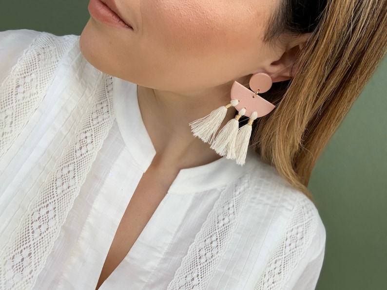 white tassel earring pink boho style earring Green polymer clay statement earrings