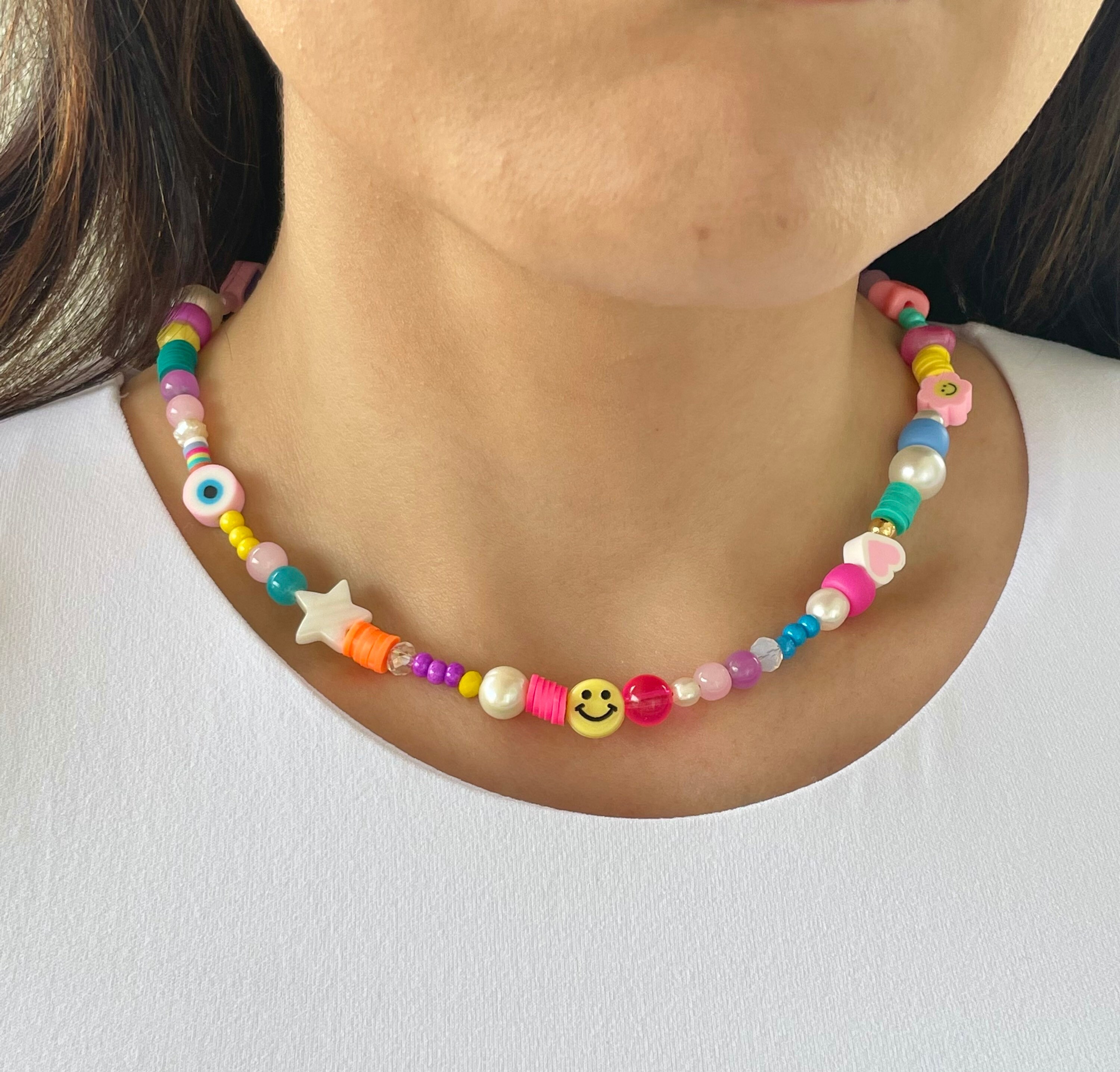 VVV☆SUMMER MIX SMILE BEADS NECKLACE Smiley Face Necklace, Happy Face Pearl Choker, Trendy Summer