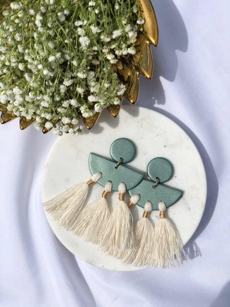 white tassel earring pink boho style earring Green polymer clay statement earrings