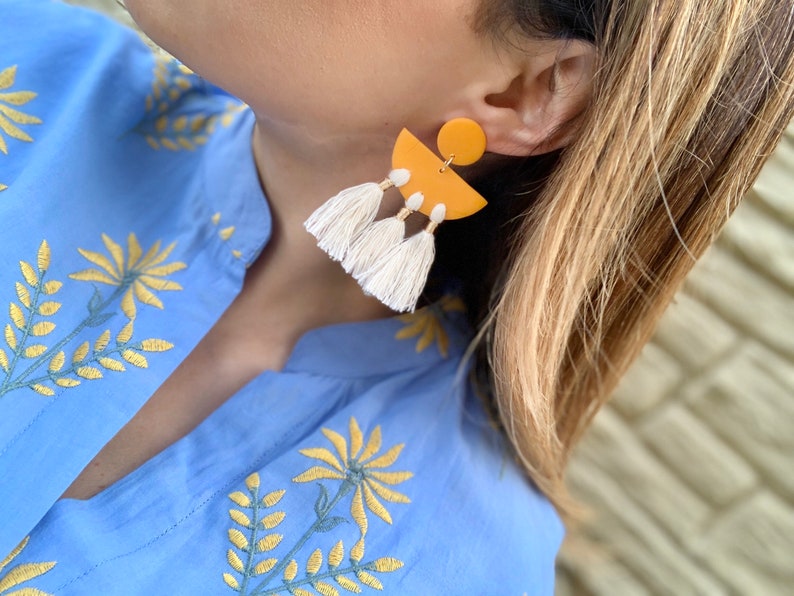 white tassel earring pink boho style earring Green polymer clay statement earrings