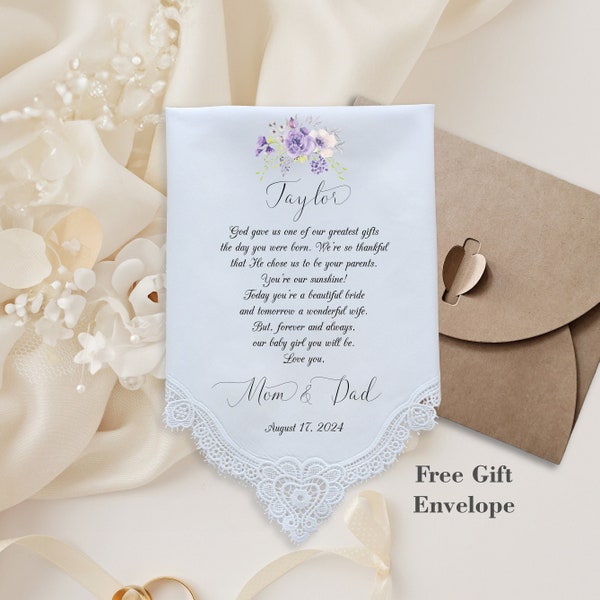 Bride Gift from parents, Gift for daughter, wedding Handkerchiefs, custom wedding gift, Bridal Gift for Bride, Personalised wedding